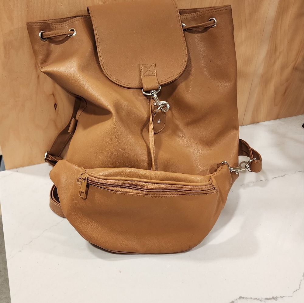 Tan backpack with fanny pack